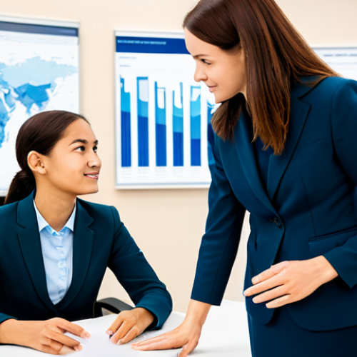A compassionate professional educational program coordinator, female, in a modest business suit, gently engaging in an empathetic conversation with a young adult student, offering guidance and reassurance. They are seated at a modern, clean desk in a bright, contemporary office. In the blurred background, a large monitor displays abstract data visualizations, subtly hinting at technological support. The scene conveys trust and mentorship. Perfect anatomy, correct proportions, natural pose, well-formed hands, proper finger count, natural body proportions, high-quality professional photography, soft studio lighting, safe for work, appropriate content, fully clothed, professional dress, modest clothing, family-friendly.