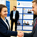Networking at a Career Fair**

"A young professional, fully clothed in appropriate business attire, confidently shaking hands with a recruiter at a career fair booth. The background shows other professionals networking, with company banners and informational displays in Polish. Focus on building connections and showcasing skills. Safe for work, appropriate content, professional, perfect anatomy, natural proportions, well-formed hands, proper finger count, high resolution."

**