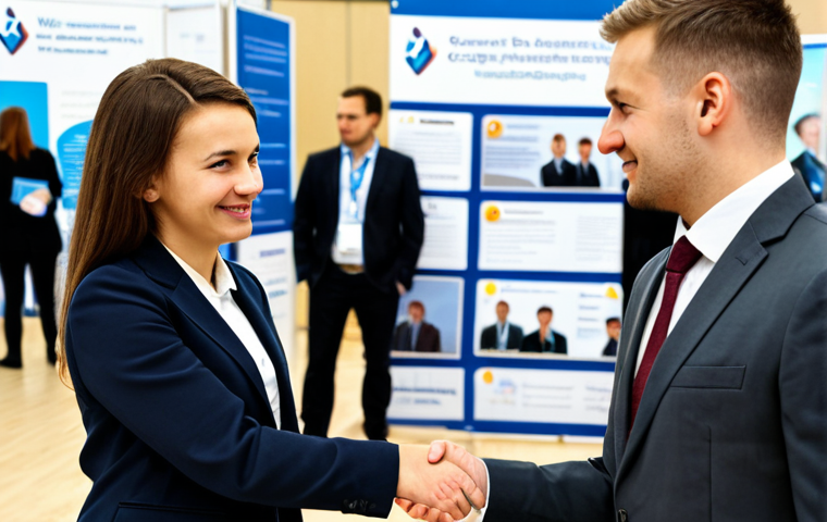 Networking at a Career Fair**

"A young professional, fully clothed in appropriate business attire, confidently shaking hands with a recruiter at a career fair booth. The background shows other professionals networking, with company banners and informational displays in Polish. Focus on building connections and showcasing skills. Safe for work, appropriate content, professional, perfect anatomy, natural proportions, well-formed hands, proper finger count, high resolution."

**