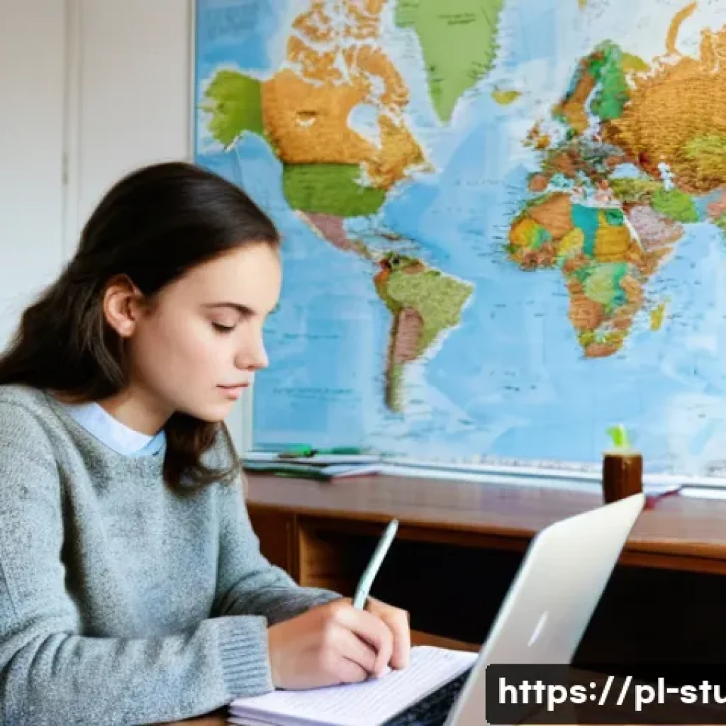 해외연수코디네이터 연수비용 절감 전략 - **Prompt:** A young, determined Polish woman in her early twenties sits comfortably at a wooden desk...