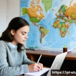 해외연수코디네이터 연수비용 절감 전략 - **Prompt:** A young, determined Polish woman in her early twenties sits comfortably at a wooden desk...
