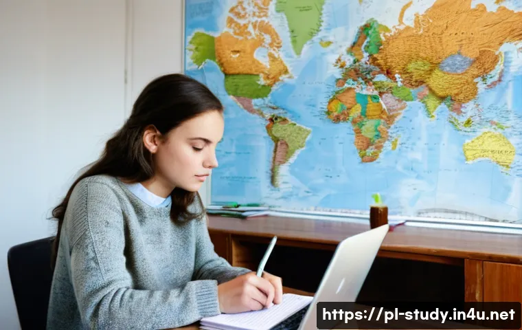 해외연수코디네이터 연수비용 절감 전략 - **Prompt:** A young, determined Polish woman in her early twenties sits comfortably at a wooden desk...