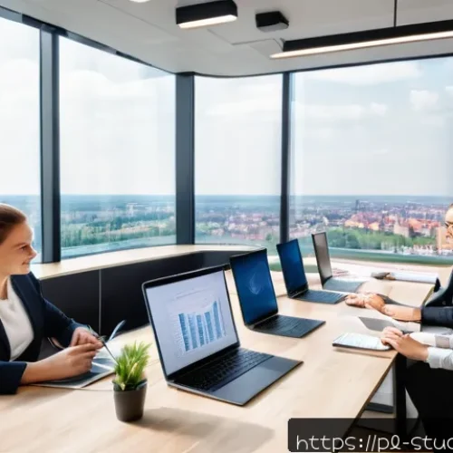 Home 26 해외연수코디네이터 경력 전환 - A modern office scene showing a diverse group of Polish professionals collaborating around a large t...