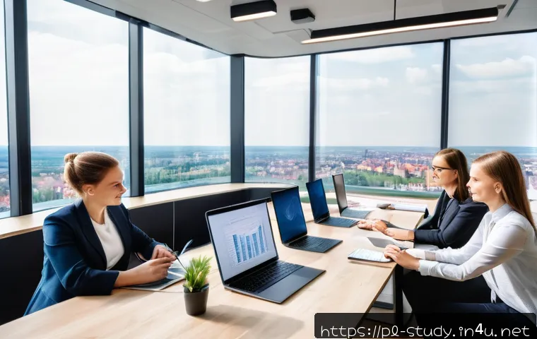 해외연수코디네이터 경력 전환 - A modern office scene showing a diverse group of Polish professionals collaborating around a large t...