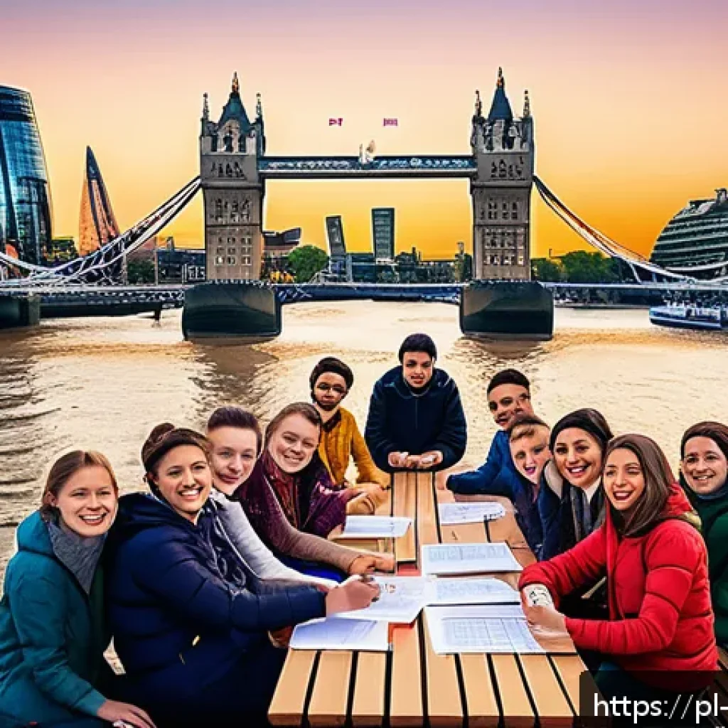 해외연수코디네이터 해외 교육 프로그램 분석 - A vibrant and detailed illustration of an international educational program setting in London: a div...