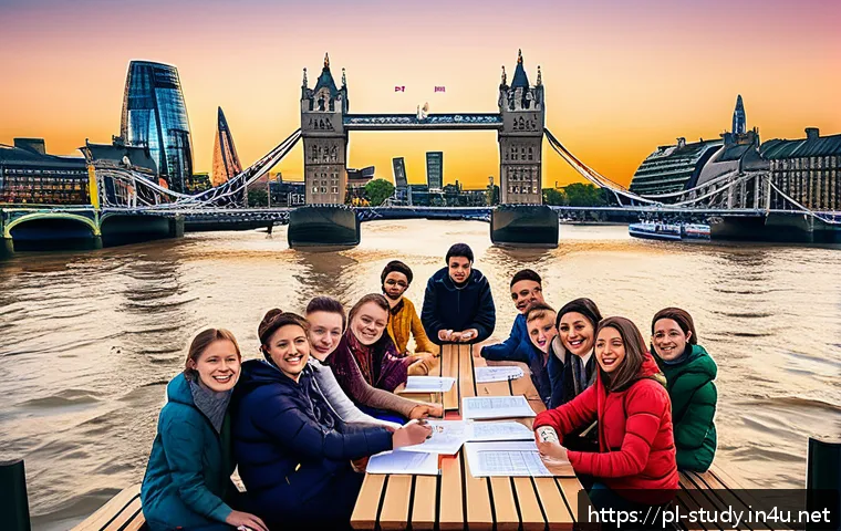 해외연수코디네이터 해외 교육 프로그램 분석 - A vibrant and detailed illustration of an international educational program setting in London: a div...